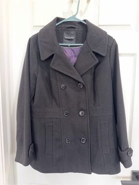 Relativity Women's Black Double-Breasted Pea Coat with Purple Lining